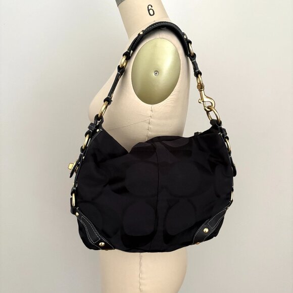 Vintage Coach Carly Bag Black Leather Jacquard Signature Hobo Shoulder Handbag - Picture 1 of 10